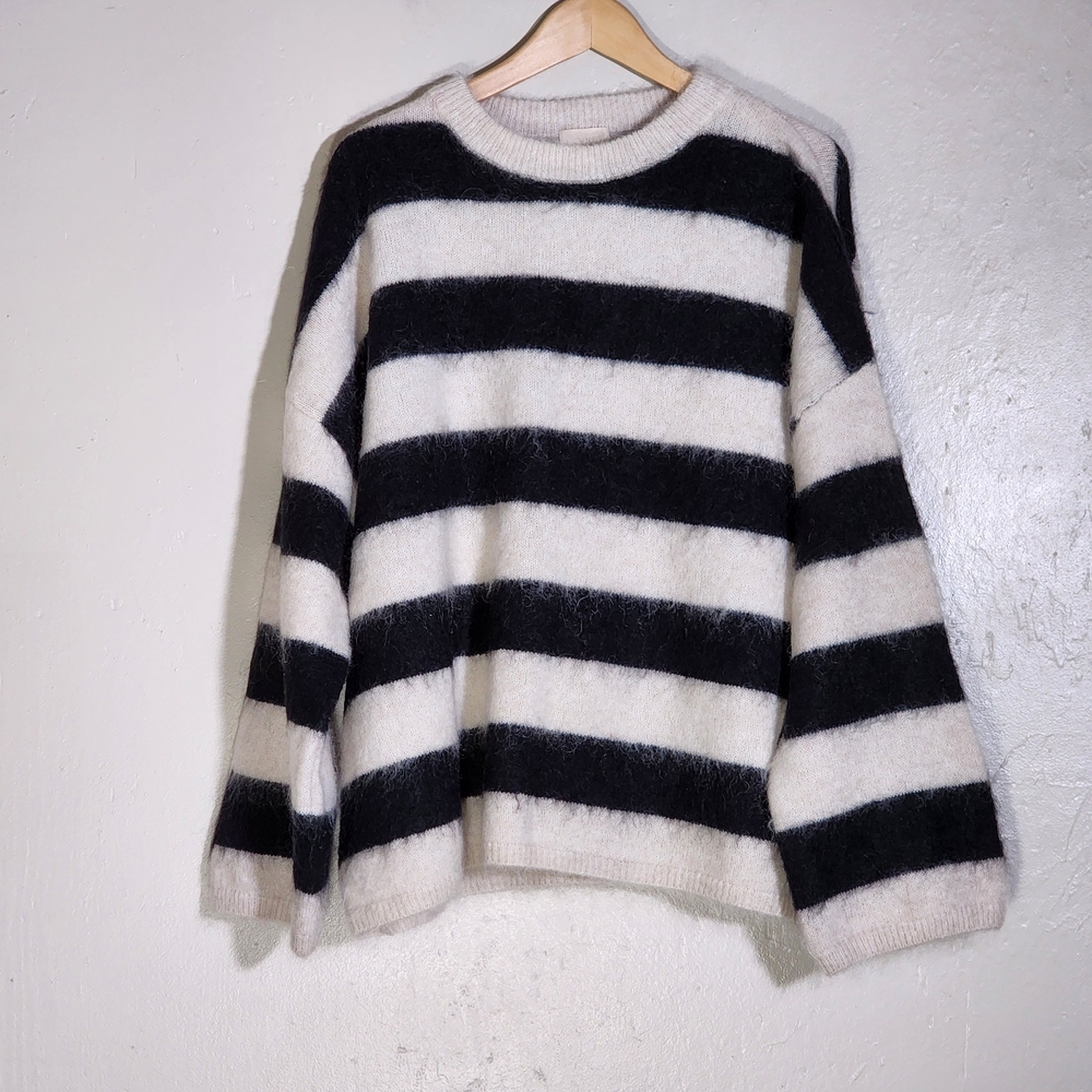H&M Black and White Striped Oversized Mohair & Wool Sweater